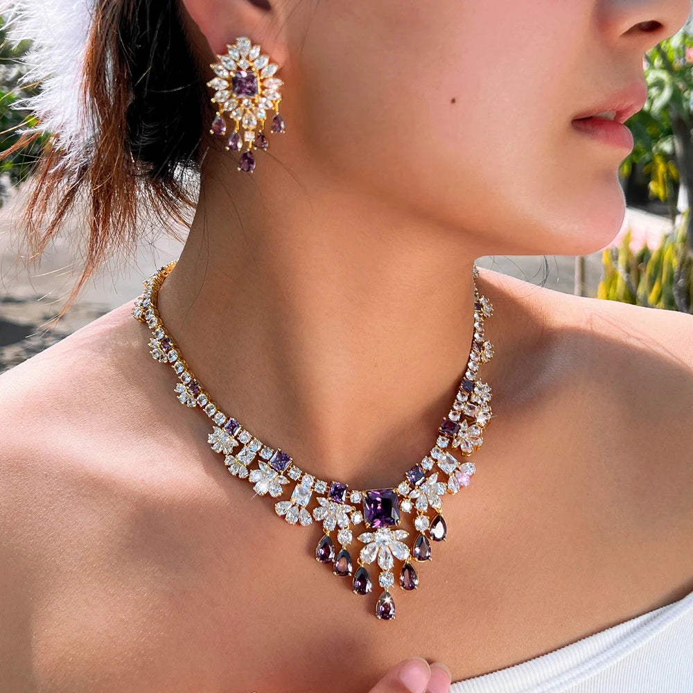 Luxury Purple and White Cubic Zirconia  Big Necklace Earrings Italian Dubai 18k Gold Plated Bridal Jewelry Set for Women Wedding