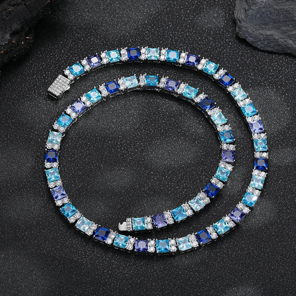 Factory Direct High Quality Blue Gemstone Cubic Zirconia Tennis Necklace 16-20inch Luxury Bling Hip-Hop Necklace