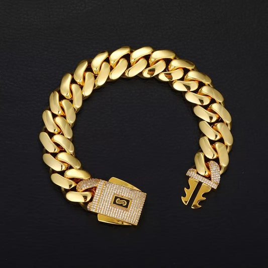 Mens Miami Cuban Link Chain Set Iced Monaco Lock Clasp 18K Gold Plated Solid Heavy Brass Necklace & Bracelet Jewelry Combo
