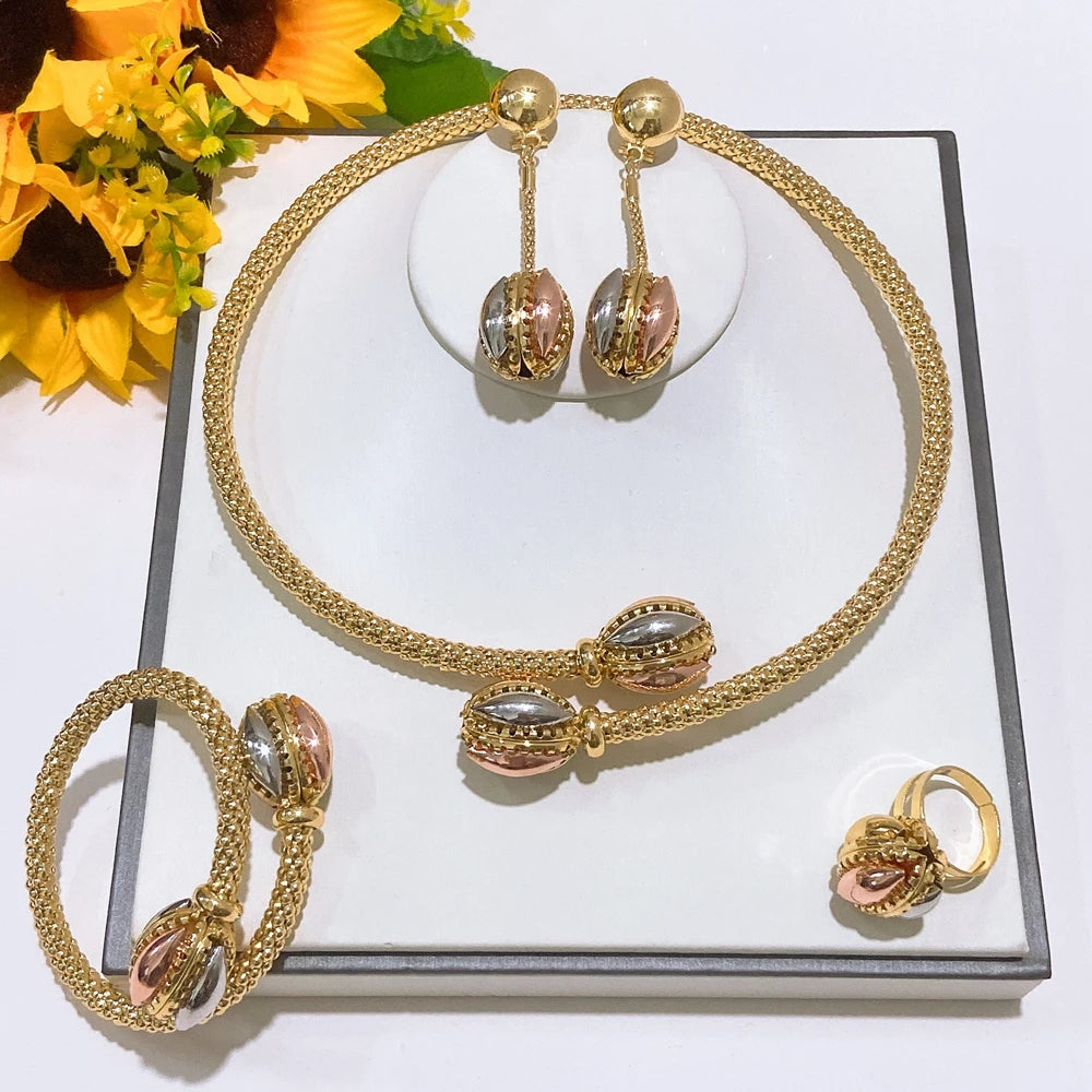 Zhuerrui Braided Gold Plated 4Pcs Jewelry Set Necklace Bangle Earrings Ring With Two Tone Inlaid Stone for Wedding Party HS26008