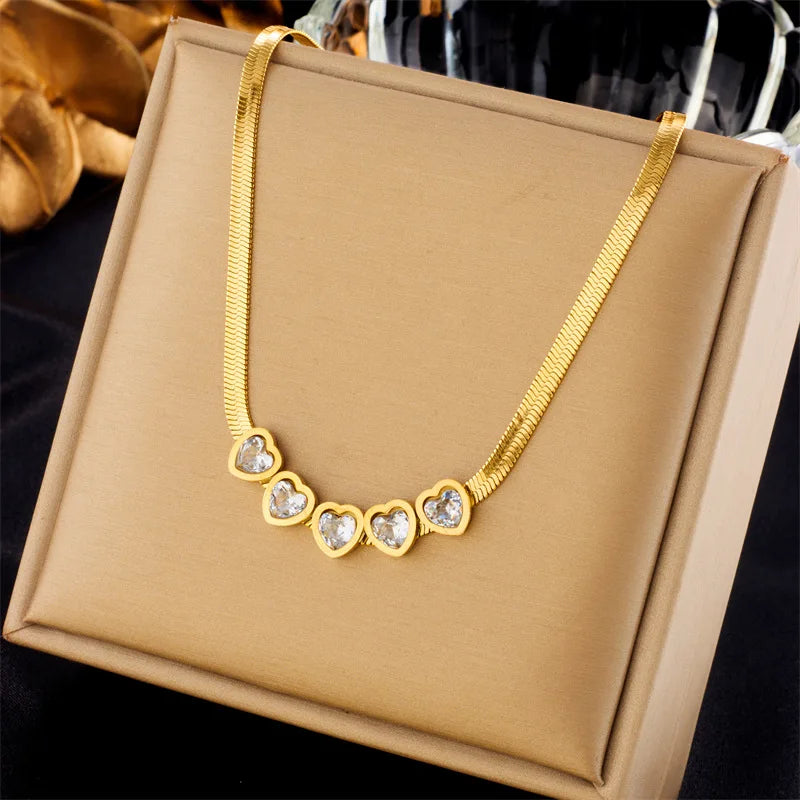 Gold Clear Crystal Heart Necklace & Bracelet Jewellery Set | Diamond-Bright Luxury Set