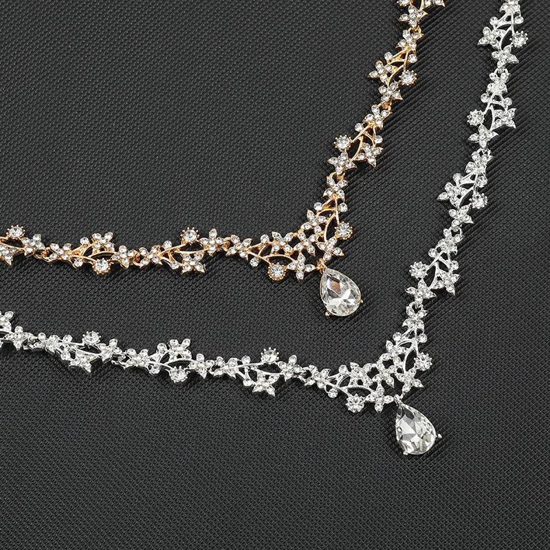 Korean Bridal Floral Drop Pendant Necklace & Earrings Set | Crystal Clavicle Chain Silver & Gold