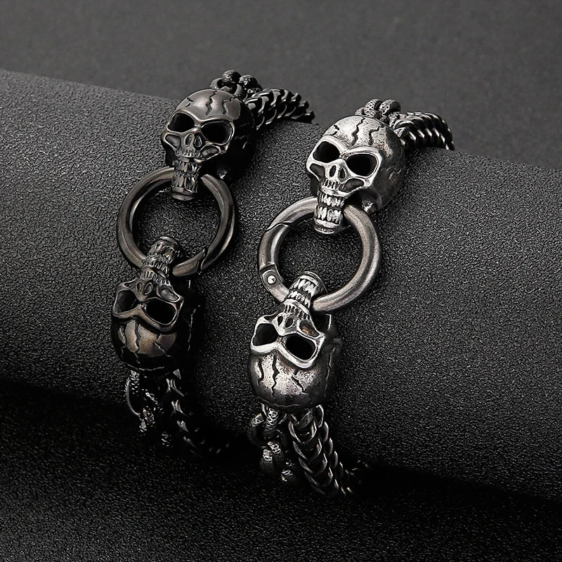 KALEN Punk Double Woven Chain 18K Gold Plating Skeleton Skull Head Men Stainless Steel Jewelry Bracelets