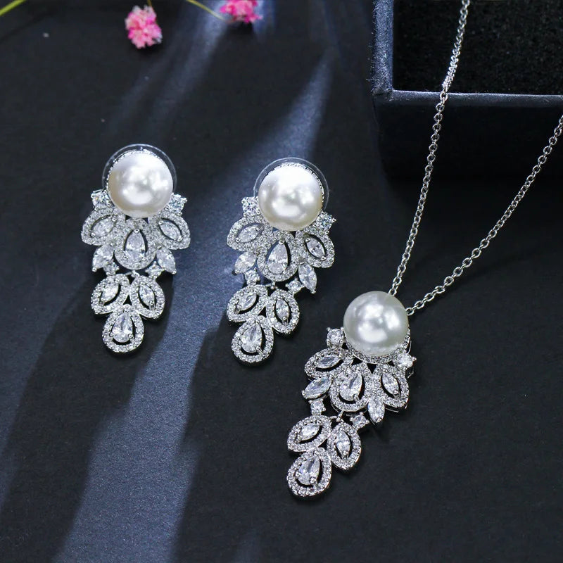 Fashion Brand Long Feather CZ Crystal Silver Plated Simulated Pearl Dangle Earrings and Chain Necklace Jewelry Sets for Women