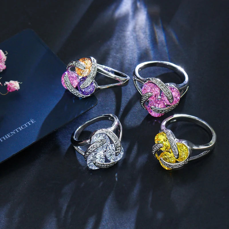 3pcs Geometric Multi Color Cubic Zirconia Crystal Cute Pendant Chian Necklace Earring and Finger Rings Jewelry Sets for Female