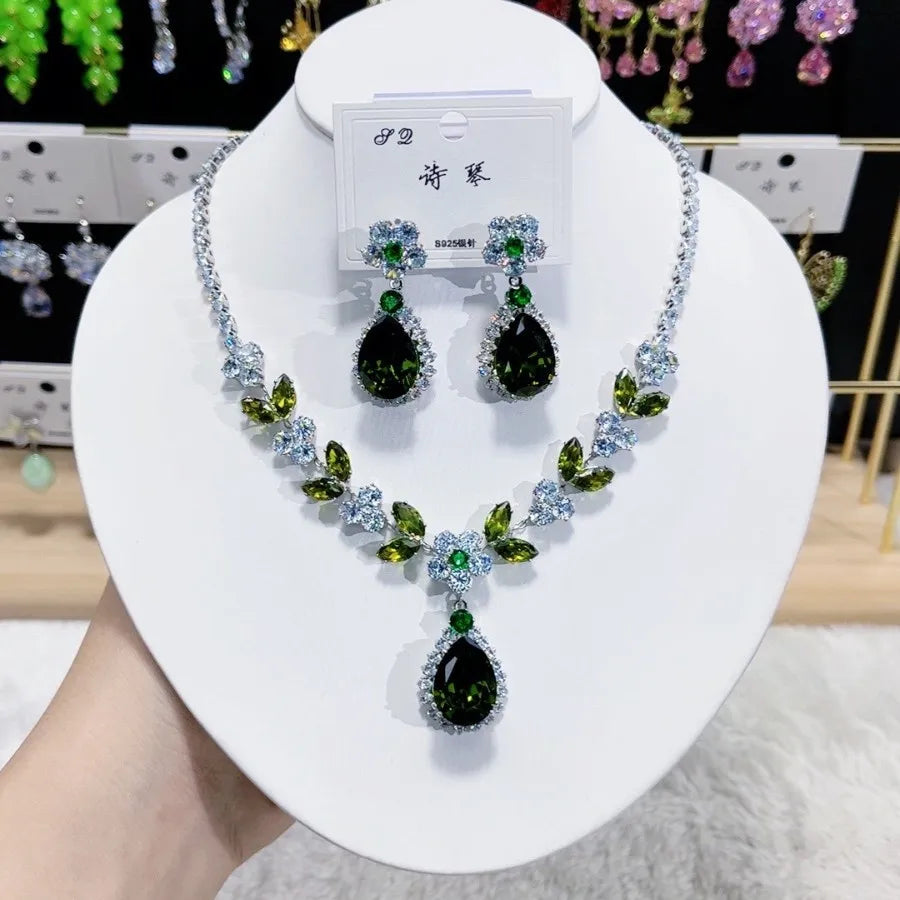 K081 High End Women Exquisite Luxurious Flower Water Drop Zircon Bridal Necklace Earrings Set Wedding Elegant Jewelry Set