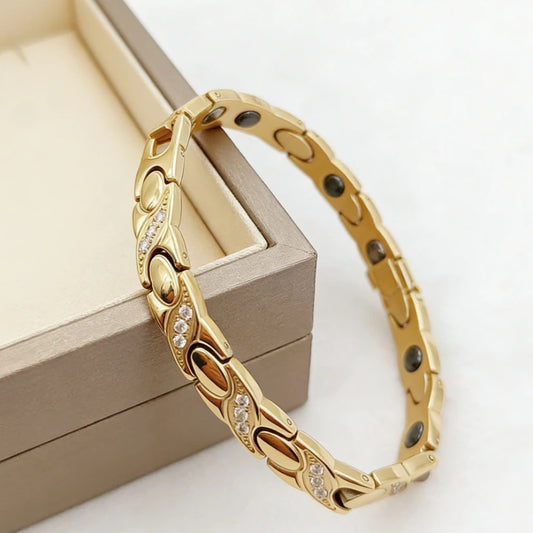 Elegant 24K Gold Plated Stainless Steel Magnetic Bracelet for Women Sparkling Cubic Zircon Stylish Wrist Jewelry Daily Wear Gift