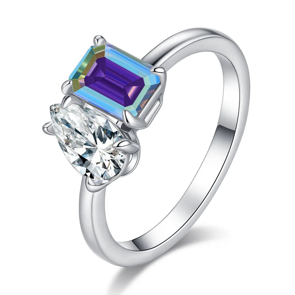 ArtistA Fancy Cut Full Moissanite Jewelry S925 Silver PT950 Platinum Plated Emerald & Pear Cut Two Diamonds VVS GRA Moissanite Rings