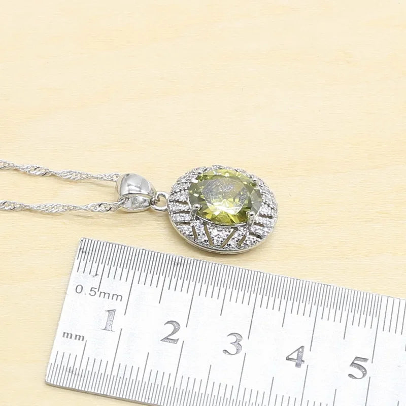 XOTICA Silver Jewelry Set for Women Olive Peridot White Zircon Includes Bracelet Earrings Necklace Ring-for Parties Weddings