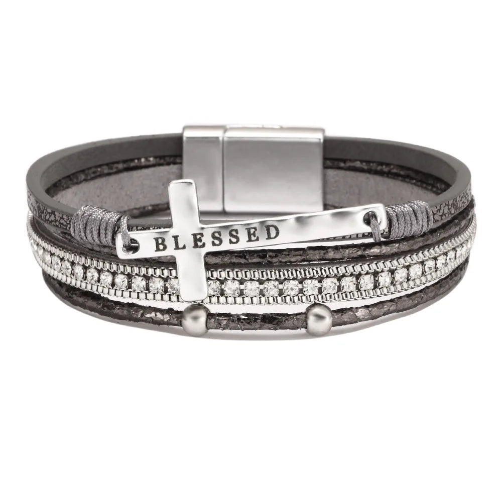 FASHIONISTA Women's Bohemian Cross Charm Bracelet Alloy Micro Diamond Channel Set Magnetic Buckle Customizable Light Luxury Okp