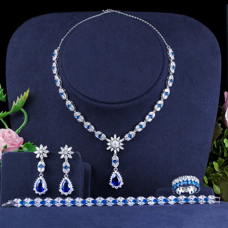 4pcs Bridal Jewelry Set for Wedding Blue Stone CZ Cubic Zircon Ring Earring Bracelets Necklace for Women Jewelry Accessories