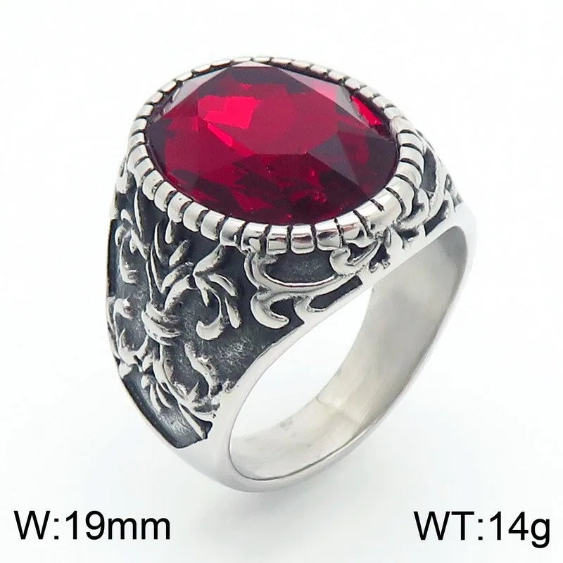 Kalen Vintage Viking Jewelry Luxury Court Style Gemstone Carved Zircon Inlays Stainless Steel Men Rings