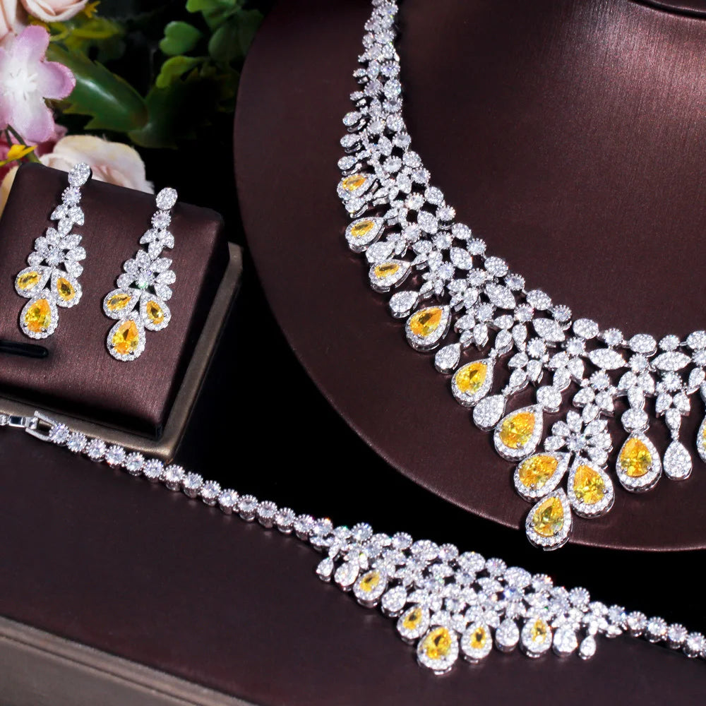 Saudi Arabia Yellow Cubic Zircon Crystal Luxury Dubai Wedding Bridal Jewelry Set Big Tassel Necklace for Women Engagement