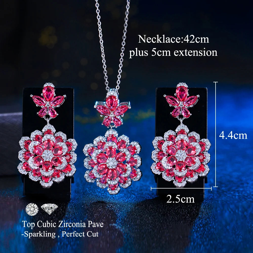 Fashion Indian Styles Red and White Cubic Zirconia Big Flower Earrings and Pendant Necklace Jewelry Set for Women Party Wedding