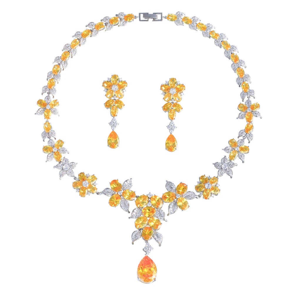 Gorgeous Chic Cubic Zircon Women Luxury 2pcs Sets Necklace and Earrings Wedding Party Yellow Flower Big Jewelry Set for Brides