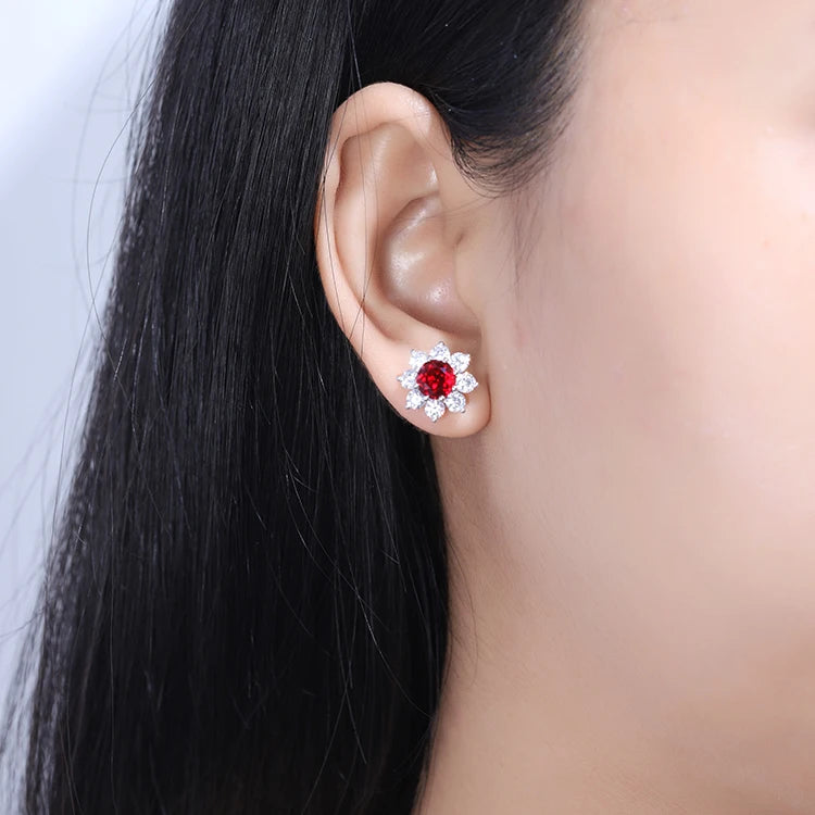 Gemfiori ANSTER Fashion Fine Jewelry 925 Sterling Silver Red Corundum Stone Flower Stud Earrings