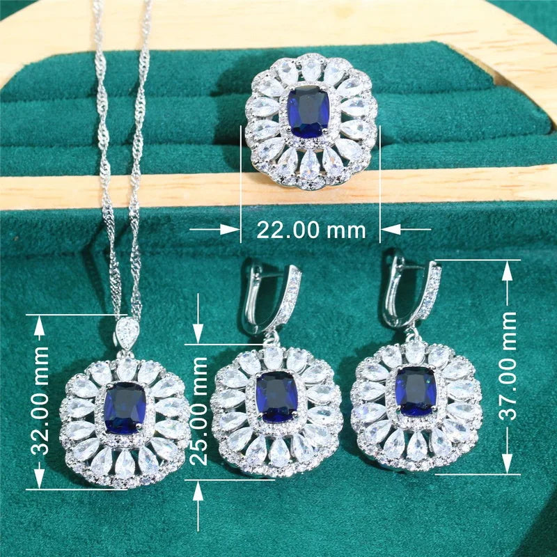 XOTICA Luxurious 925 Silver Jewelry Set for Women Blue Zircon Sapphire Earrings Necklace Pendant Ring for Wedding Birthday Gifts
