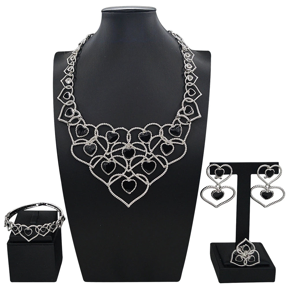 Zhuerrui Romantic Heart Design Jewelry Set Black Stone Crystal Inlaid White Gold Necklace Set for Wedding Banquet I005520-2