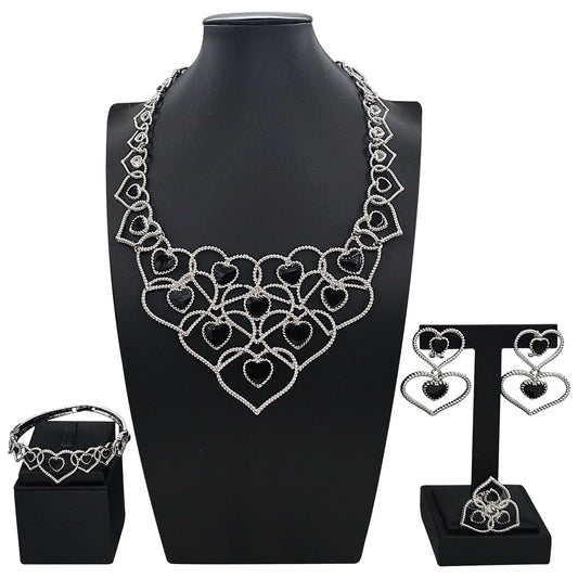 Zhuerrui Romantic Heart Design Jewelry Set Black Stone Crystal Inlaid White Gold Necklace Set for Wedding Banquet I005520-2