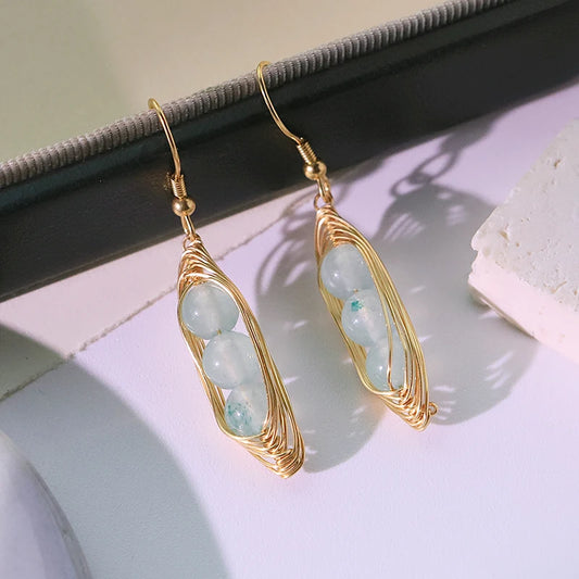 Natural Stone Four Seasons Bean Aquamarine Pendant Earrings 18k Electroplated Design Earrings Women's Jewelry GE0880C