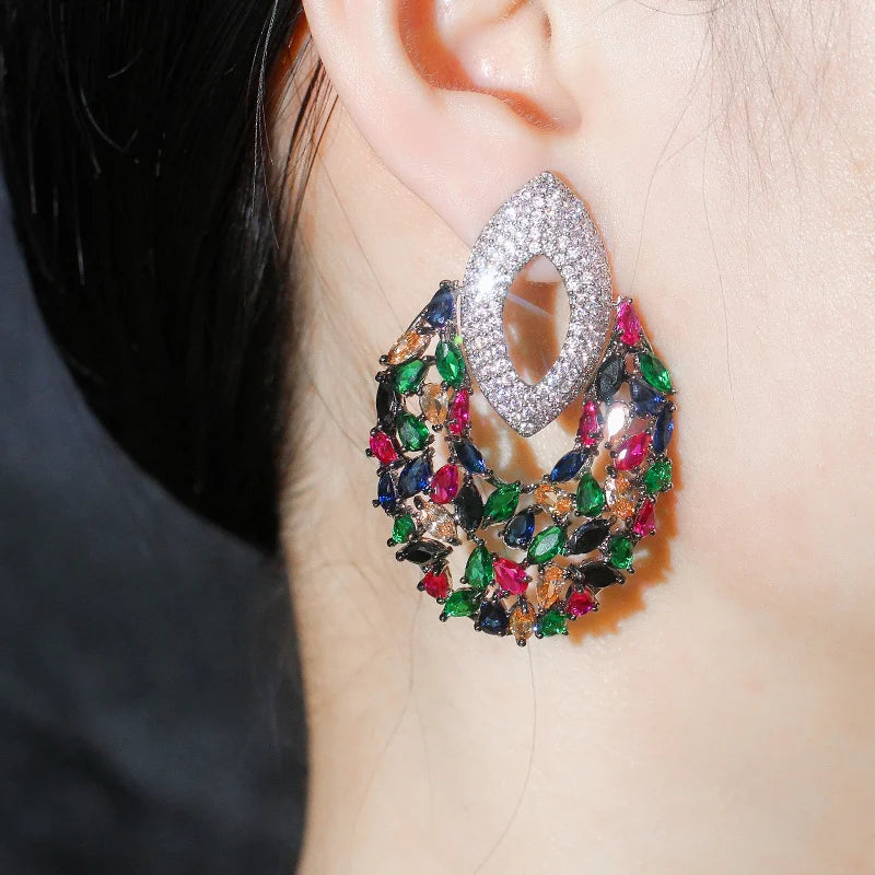 Unique Fancy Multi Color Cubic Zirconia Long Drop Big Luxury Party Earrings for Women Fashion Designer Bridal Wedding Jewelry