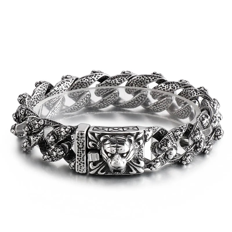 VIKING Snake & Tiger Pattern Link Bracelet – 17mm Silver Stainless Steel