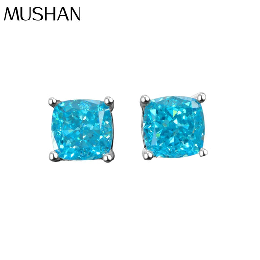 MUSHAN Jewelry Factory 925 Silver 1.5ct Sea Blue 7*7 High Carbon Diamond Stud Earrings Classic 18K Gold Plated Engagement