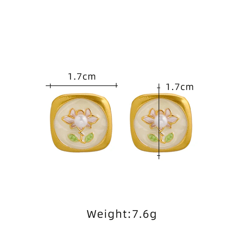 Natural Pearl Green Relief Flower Square Earrings Korean Style Women Luxury Jewelry Fashion Ladies and Girls Gift GE1582