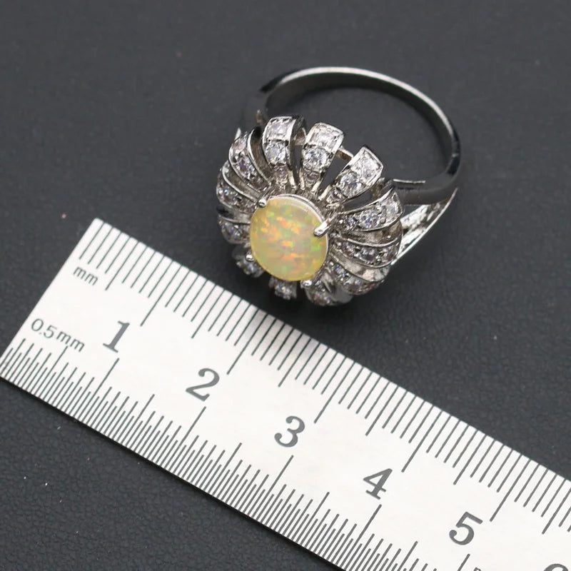 XOTICA Silver Jewelry for Women White Opal Earrings Pendant Necklace Ring Set for Wedding Party Engagement-Christmas Gift