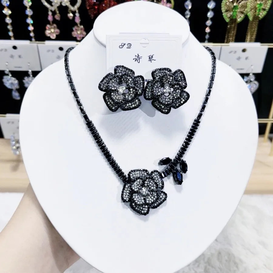 K094 Hot Selling Women Trendy Luxury Black Flower Zircon Necklace Earrings Set Wedding Elegant Jewelry Set