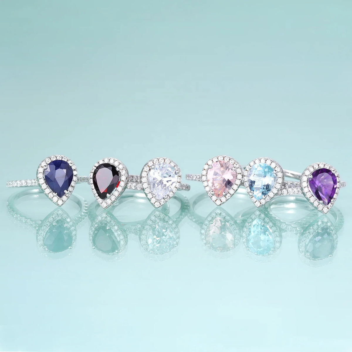 Gemfiori KH076 Abiding Hand Made Pear 5*7MM Natural Stone Jewelry 925 Sterling Silver Gold Plated Amethyst Sky Blue Topaz Halo Ring