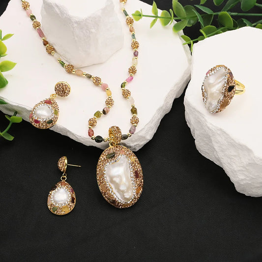 XOTICA Natural Baroque Pearl 18K Gold Plated Women's Gift Jewelry Necklace Bracelet Earrings Fashion Designer Jewelry Set