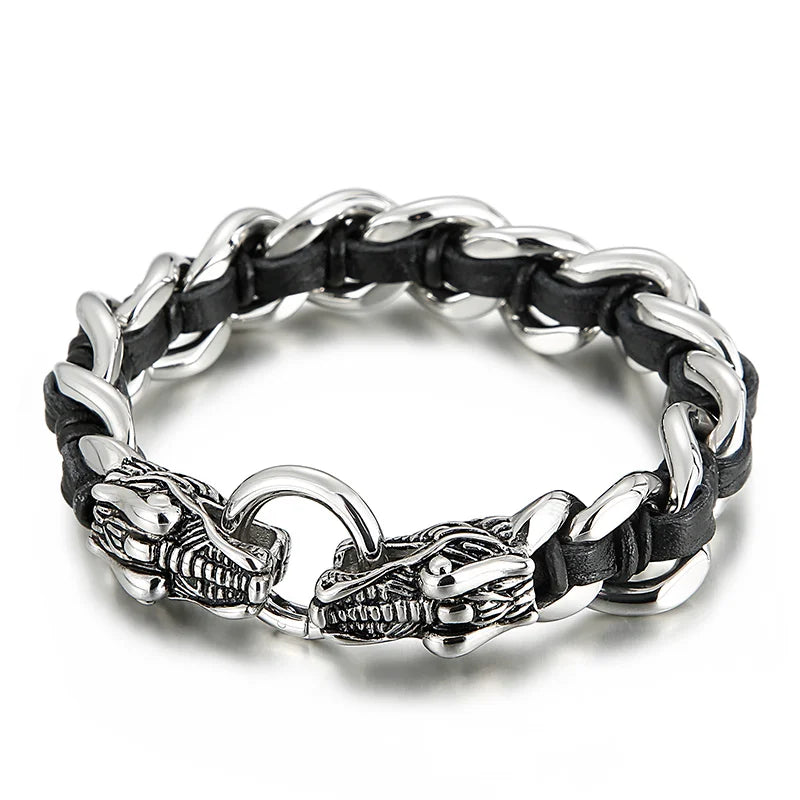 REBEL Fashion Mens Fashion Punk Stainless Steel Leather Dragon/Wolf Link Chain Bracelet
