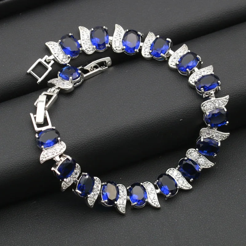 XOTICA Silver Color Alloy Women's Set Wedding Royal Blue Cubic Zirconia Earrings Necklace Pendant Open Ring Bracelet Party Halloween