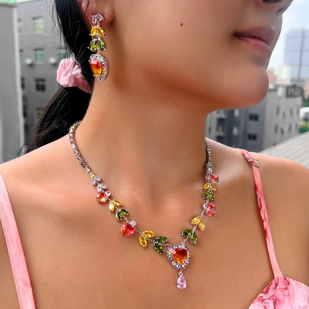 Luxury Multicolor Cubic Zirconia Big Heart Drop Earrings and Necklace Women Bridal Wedding Party Jewelry Set