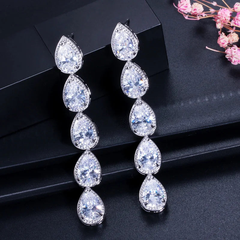 S&S White CZ Teardrop Extra-Long Dangle Earrings – Pear Cut – Rhodium Silver Plated – Collection