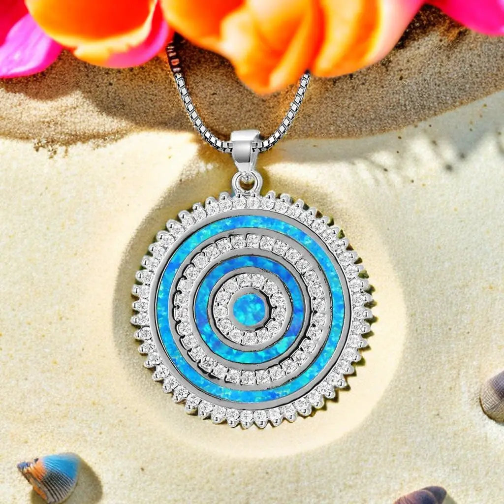 Fashion Silver Plated Copper Alloy  Round Opal Pave Setting Pendant Necklace for Women's Party Jewelry Aobao