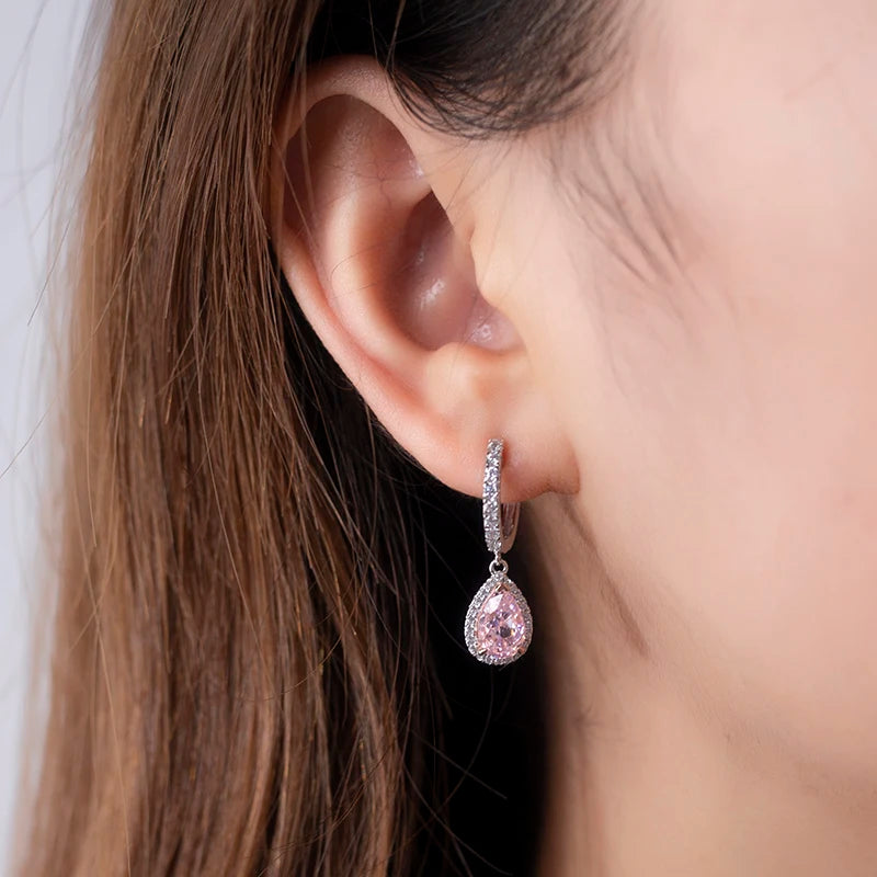Messi Jewelry MSE-608 100% Real Silver 2Ct Pink High Carbon Cubic Zircon Fine Jewelry Earrings for Dating or Wedding