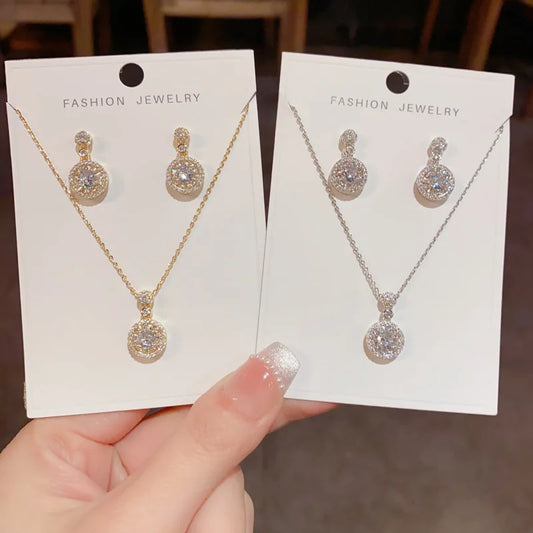 Top Quality Fashion Exquisite Copper Necklace and Earrings Set with Zircon Classic Real Gold Plated Jewelry Set for Women