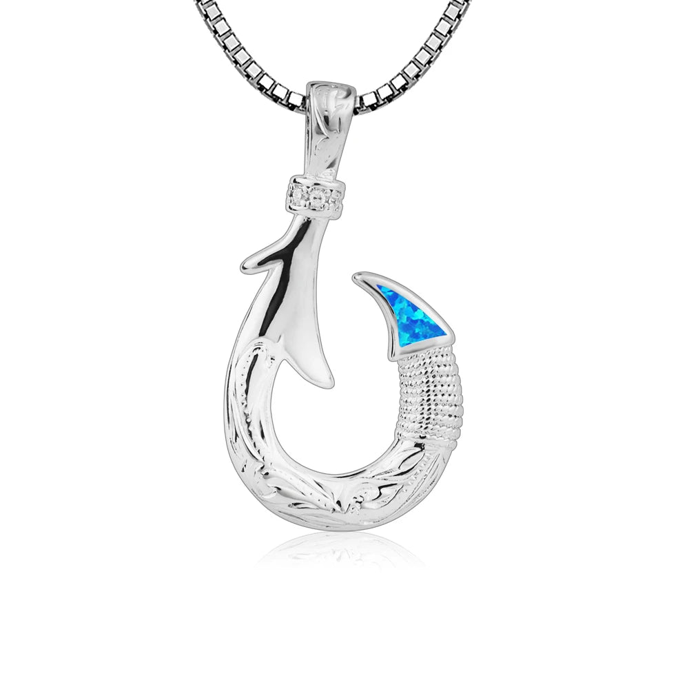 Hawaiian Ocean Opal Copper Necklace for Women-Trendy Dainty Blue Fishhook Pendant Sweater Chain