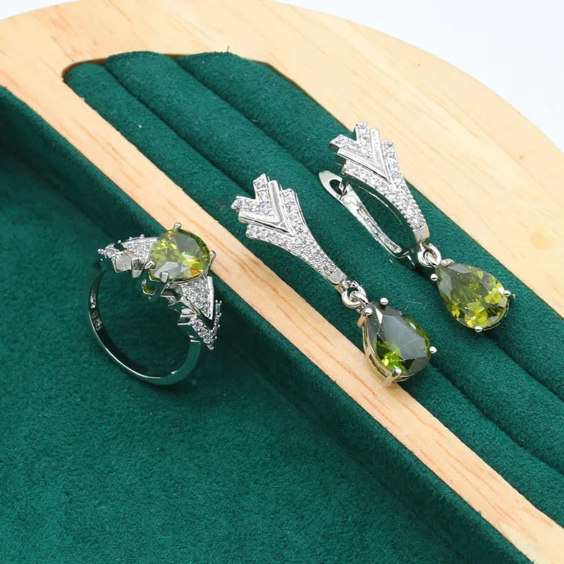 XOTICA Customizable 925 Silver Jewelry Set for Women Green Peridot Zircon Wedding Bracelet Hoop Earrings Necklace Pendant Christmas