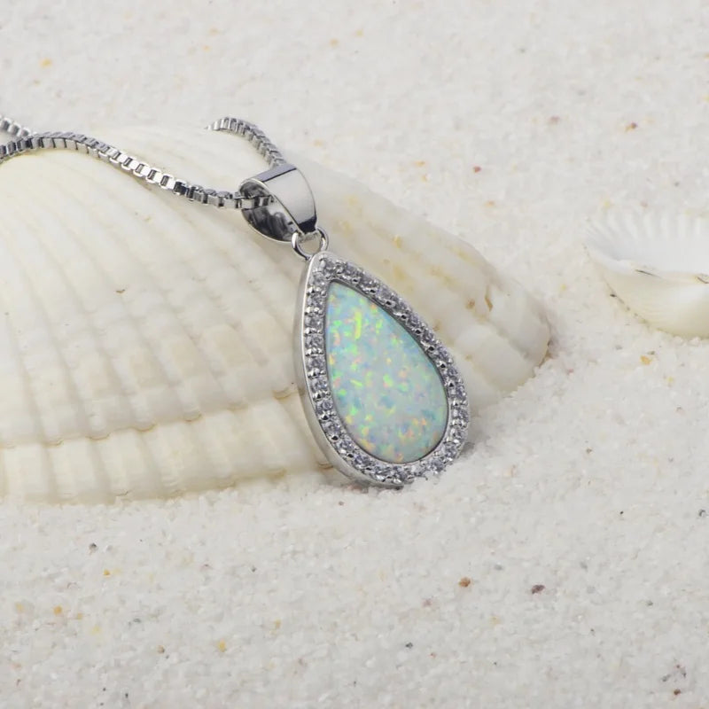 Aobao Vintage Natural Opal Inlaid Ellipse Silver Plated Pendant Necklace Party Jewelry for Women