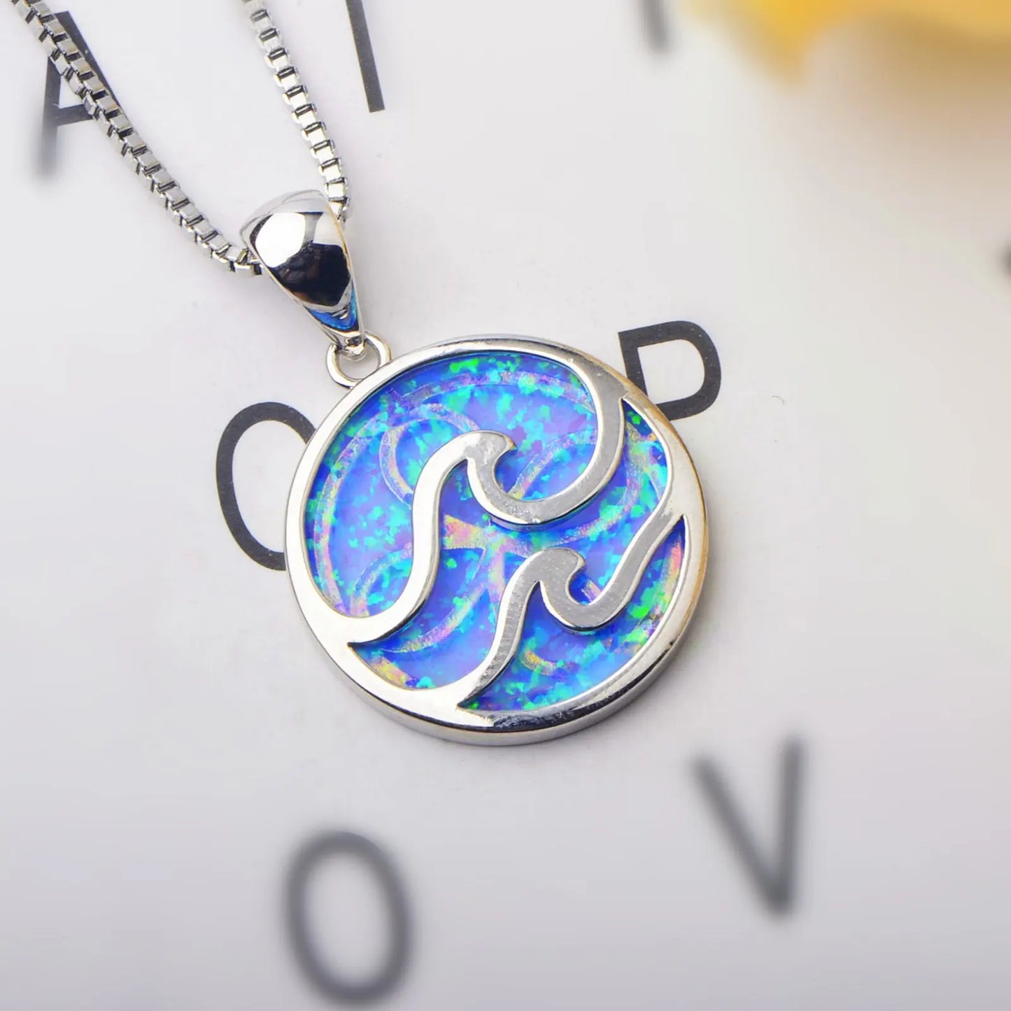 Copper Ocean Wave Opal Disc Pendant Necklace-Silver Plated Lariat Blue Fire Opal Inlay | Coastal Minimalist Jewelry Bulk Gifts