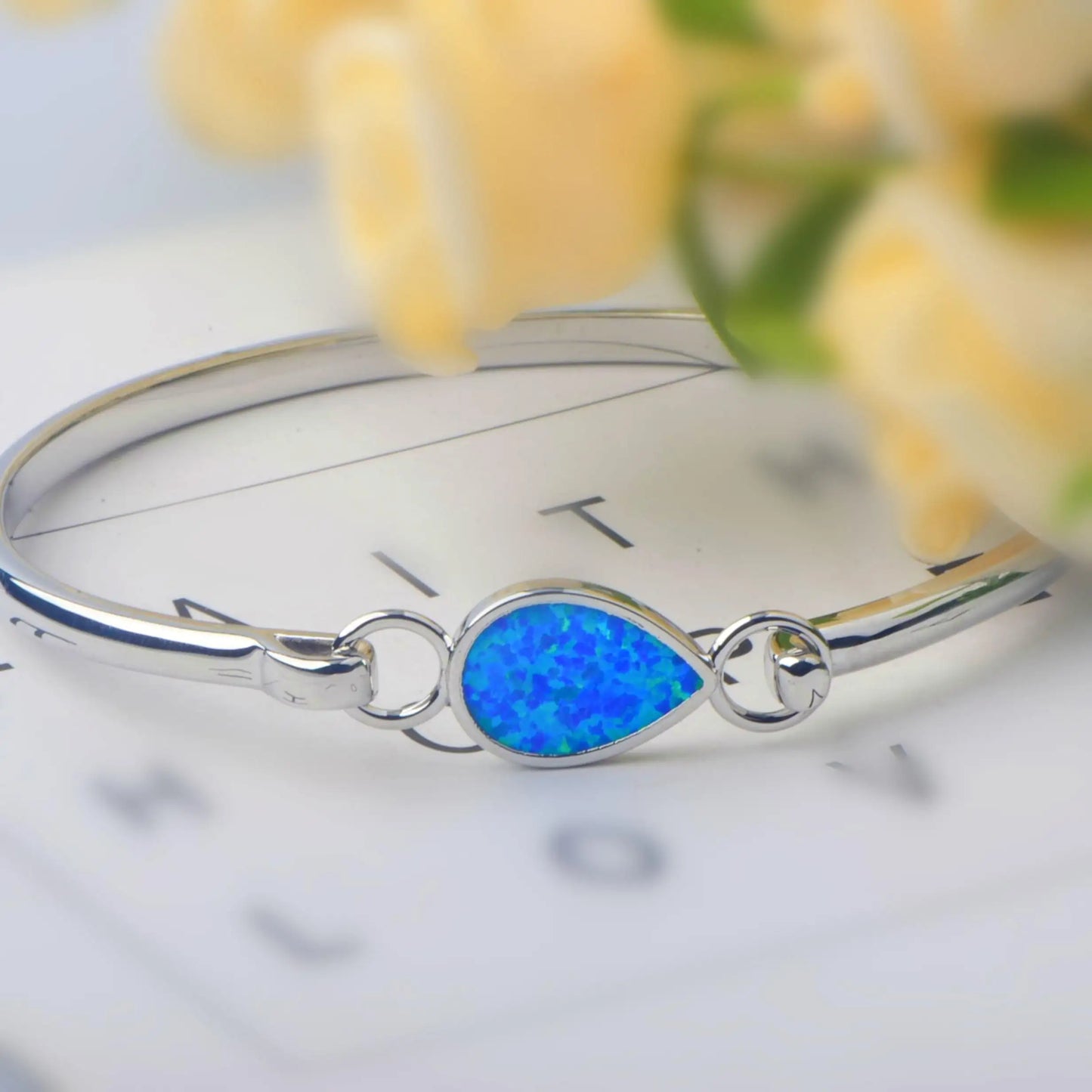 Dainty Teardrop Blue Opal Bangle - Minimalist Silver Bracelet for Daily Elegance