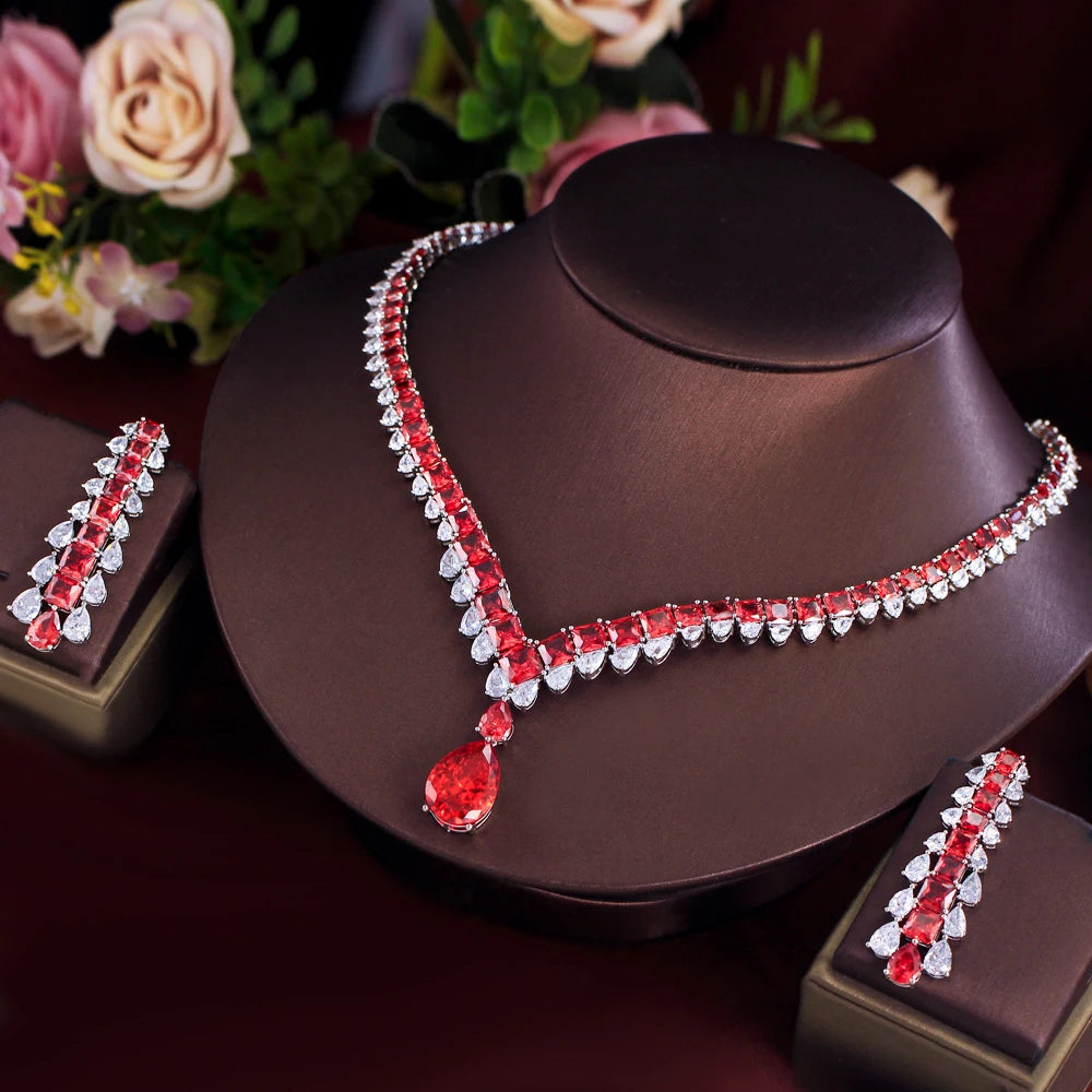 Luxury White Red Water Drop Zirconia Long Dangle Earrings and Necklace Bridal Wedding Party Jewelry Set for Women
