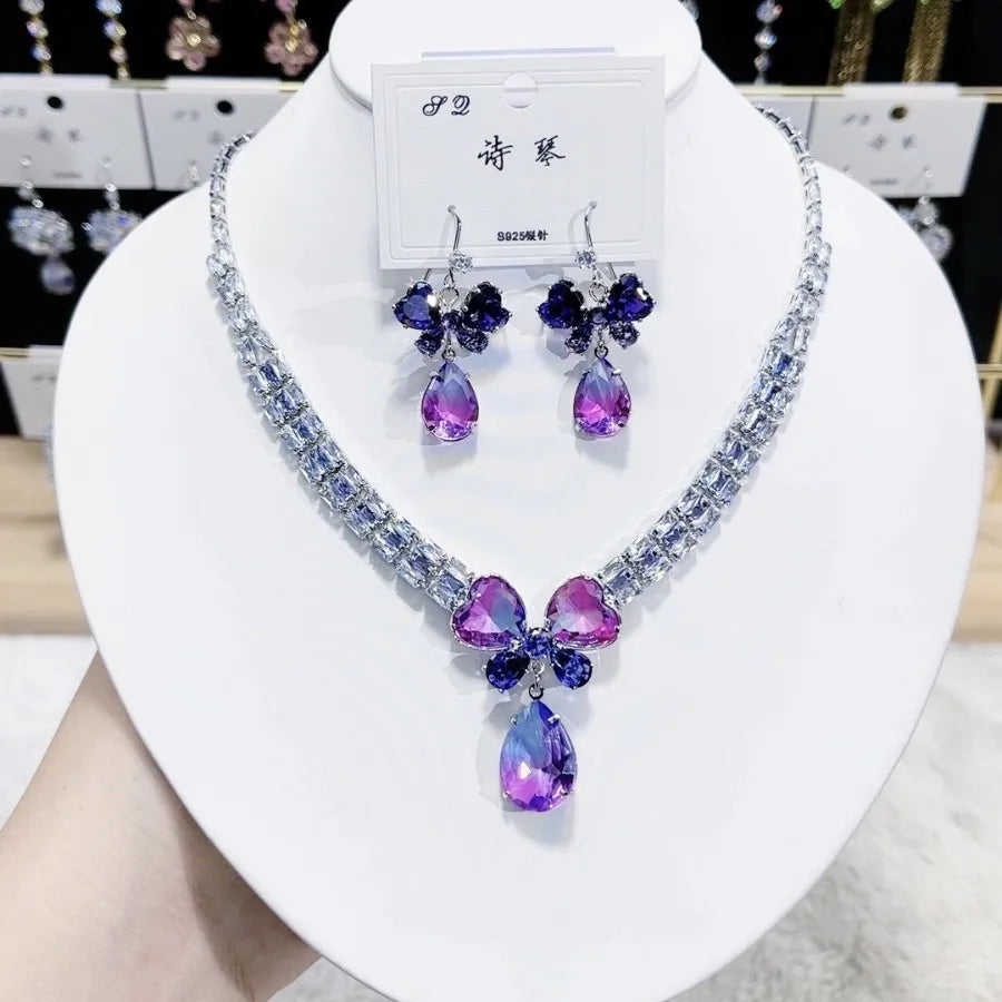 K090 Wholesale Women Trendy Luxurious Zircon Butterfly Bridal Necklace Earrings Set Wedding Elegant Jewelry Set