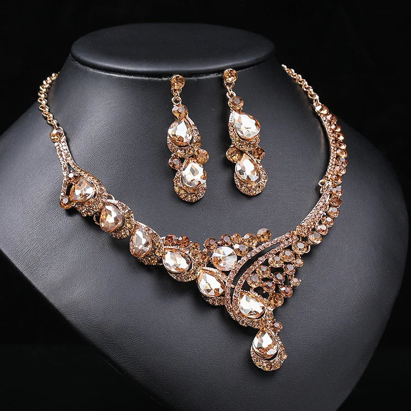 Retro Luxury Crystal Necklace & Earrings Jewellery Set | Rhodium & Gold Plated Banquet Fashion Set