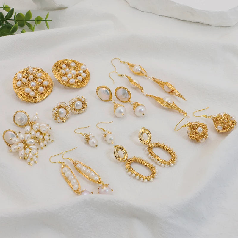 Natural Freshwater Pearls Metal Stud Earrings  Geometric Irregular  for Women Girl Gift Pearl Earrings Fashion Jewelry