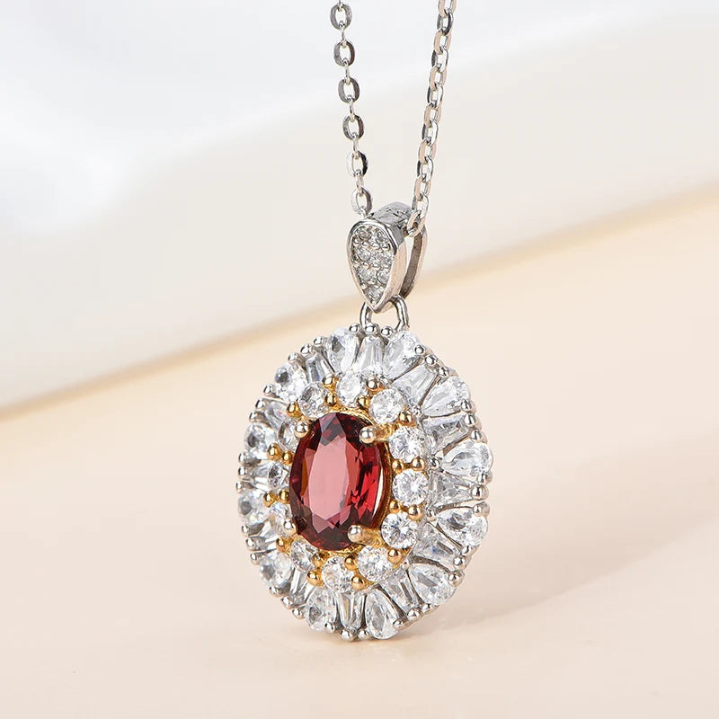 Gioiellieri Natural Garnet Oval Cut Claw Setting Rhodium 925 Sterling Silver Women's Luxury Solitaire Pendant Necklace High-end Customized