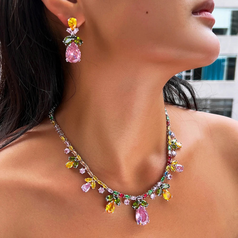 Luxury Cubic Zircon Necklace and Earrings Colorful Jewelry Set for Women Banquet Dress Accessories